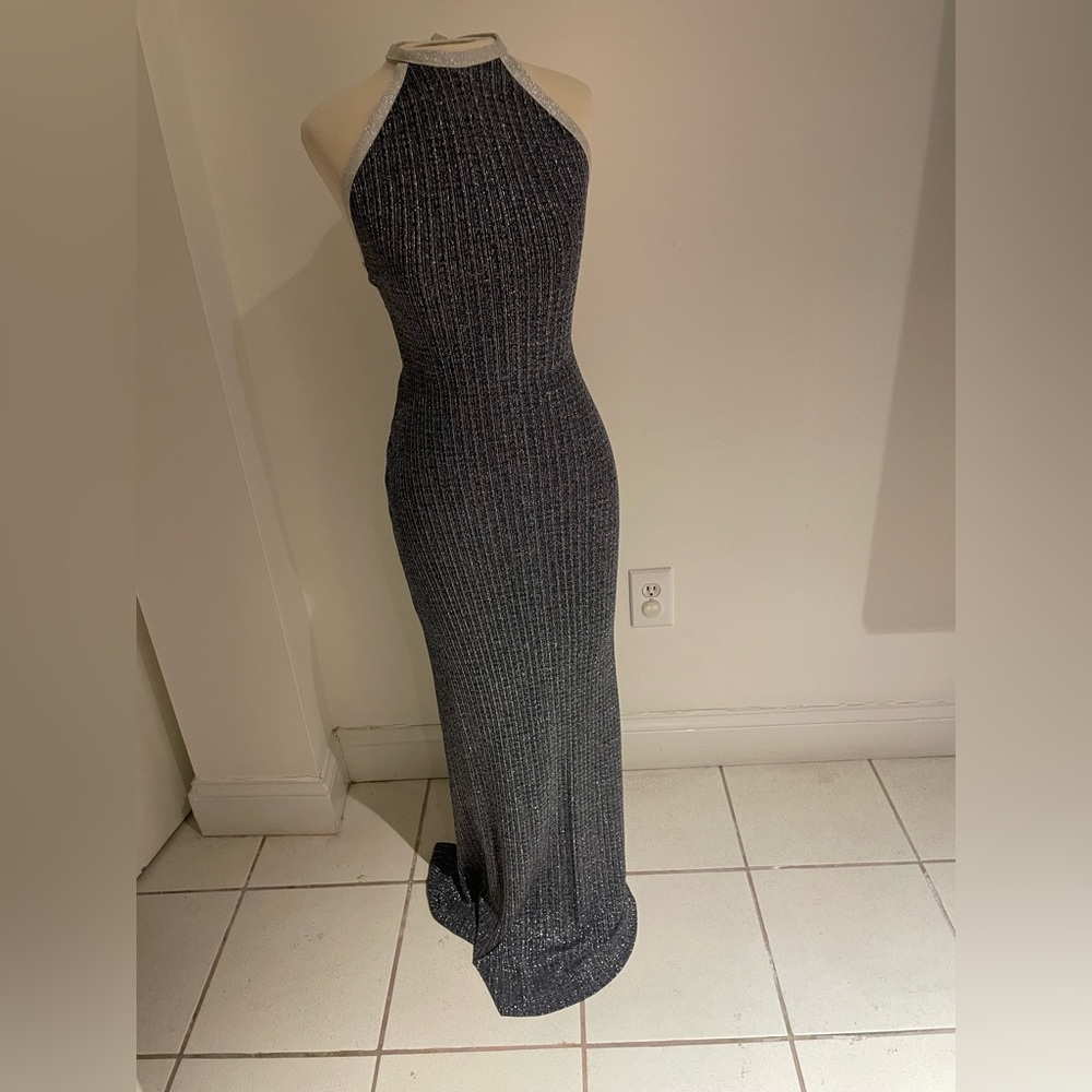 Vintage Women’s Navy Blue Silver Halter Maxi Dress
